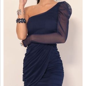 Lucy in the Sky Larissa Puff Sleeve Mesh Dress in Navy, Size S